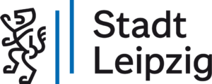 Logo der Stadt Leipzig. Ein abstrakter Löwe daneben zwei blaue vertikale Striche und daneben steht "Stadt Leipzig"