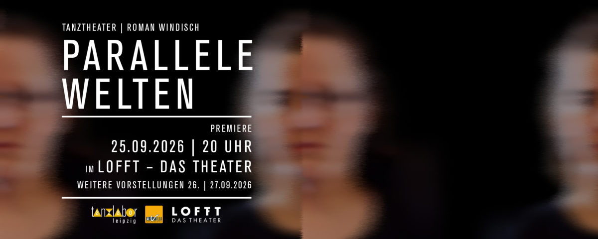 ParalleleWelten_Slider Vor schwarzem Hintergrund ist unscharf ein Kopf zu erkennen. Die linke und die rechte Gesichtshälfte gehören jeweils zu einer anderen Person. Jeweils eine Hälfte der Köpfe findet sich an den Bildrändern wieder.